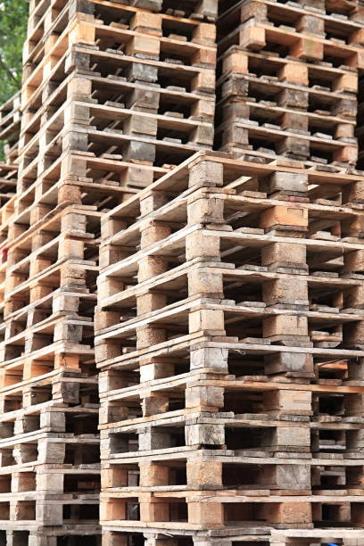 istock wooden pallets logs stacked 1162895784