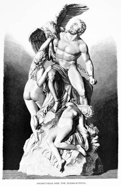 Prometheus and the ocean nymphs engraving 1892 Engraving from Character sketches of romance, fiction and the drama. A revised American edition of the Readers' handbook - New York: E. Hess, 1892 rockefeller center illustration stock illustrations