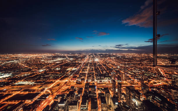 istock Aerial View of Chicago Skyline at Night 1162900535