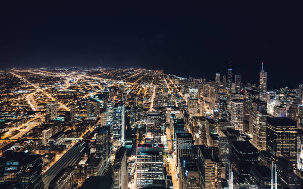 istock Aerial View of Chicago Skyline at Night 1162900639