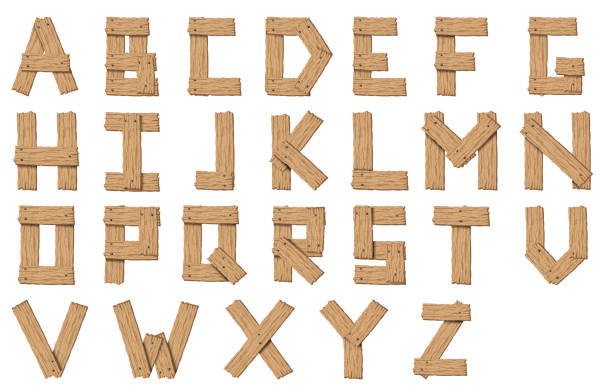 ilustraciones, imágenes clip art, dibujos animados e iconos de stock de conjunto de fuente abstracta de madera vectorial y alfabeto. - letter y alphabet wood typescript