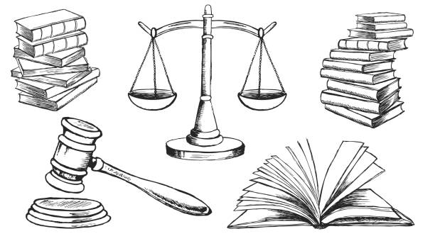 установлены символы закона. весы вектора нарисованы. - закон иллюстрации stock illustrations