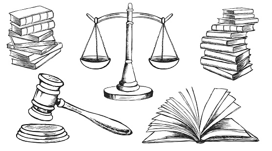 Law symbols set. Scales vector hand drawn.