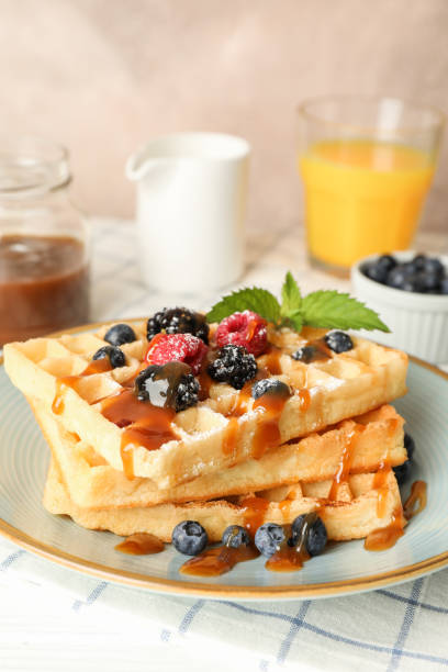 istock Composition of breakfast with belgian waffles, space for text 1162905829