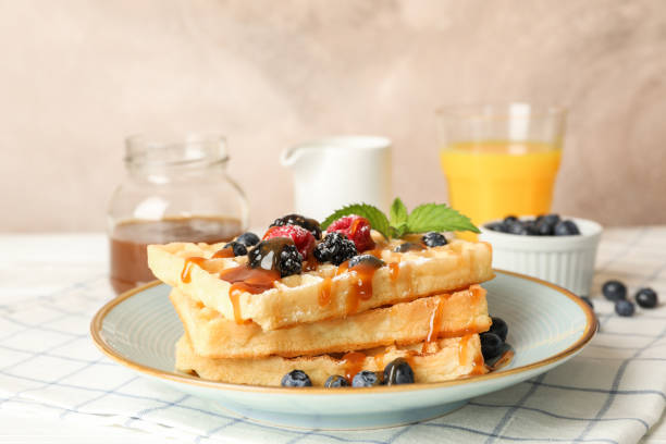 istock Composition of breakfast with belgian waffles, space for text 1162906513
