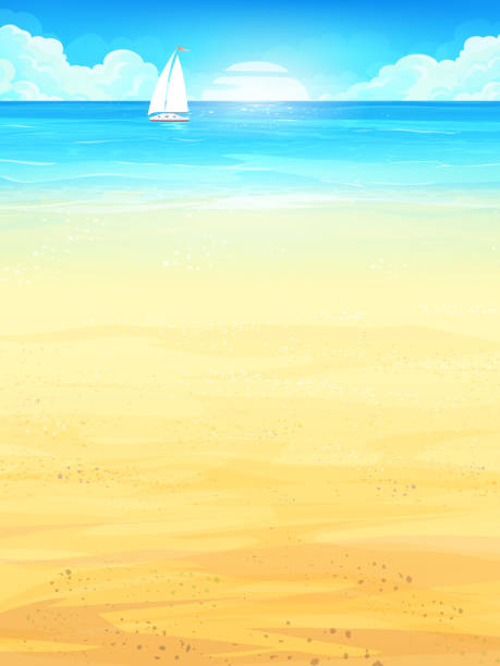 hintergrund-illustration sommerurlaub mit sonne, meer, himmel, strand, boot - sand beach summer backgrounds stock-grafiken, -clipart, -cartoons und -symbole