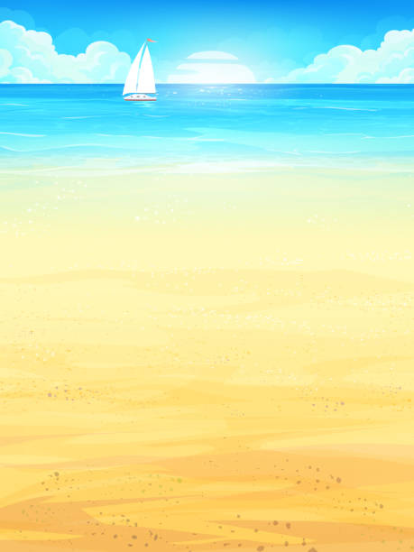 Background illustration summer vacation with sun, sea, sky, beach, boat Background summer vacation with sun, sea, sky, beach, boat. Creative design for print summer cards, invitations, brochures, posters. Vector illustration. beach background stock illustrations