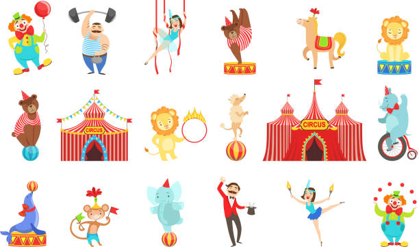 ilustraciones, imágenes clip art, dibujos animados e iconos de stock de conjunto de objetos y personajes relacionados con el circo. lindo dibujo saque dibujos animados estilo infantil ilustraciones aisladas - circo ilustraciones
