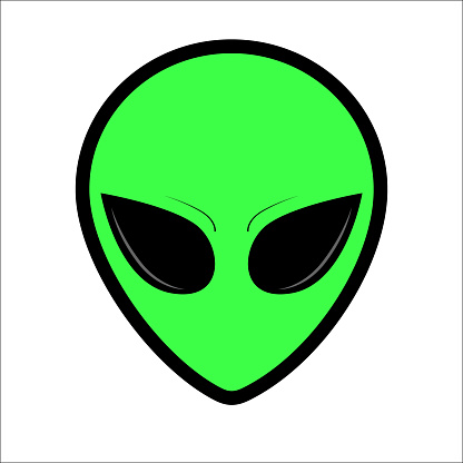 Green alien face or head symbol line art.  Humanoid head outline, futuristic space invader, paranormal fantasy emblem.