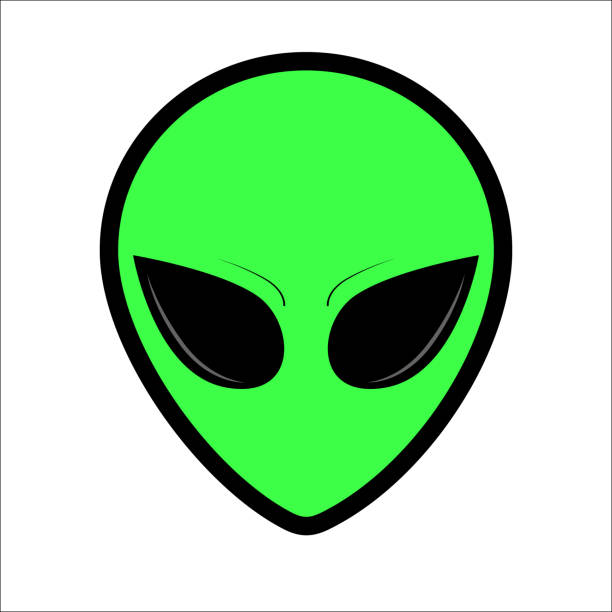 Web Green alien face or head symbol line art.  Humanoid head outline, futuristic space invader, paranormal fantasy emblem. alien invasion stock illustrations