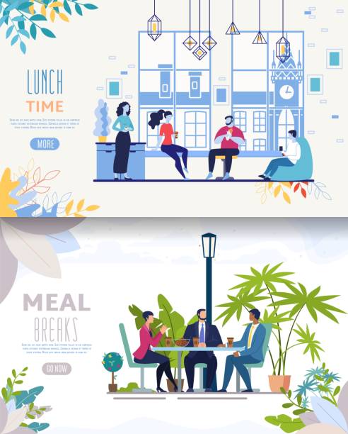Lunching Businesspeople Flat Vector Web Banner Set Office Food Delivery Service, Street Cafe, Restaurant of Coffeeshop Flat Vector Web Banner, Landing Page Template Set with Businesspeople Team, Company Employees Lunching in Cafeteria,Illustration eating illustrations stock illustrations