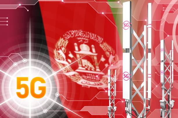 istock Afghanistan 5G industrial illustration, huge cellular network mast or tower on hi-tech background with the flag - 3D Illustration 1162911592