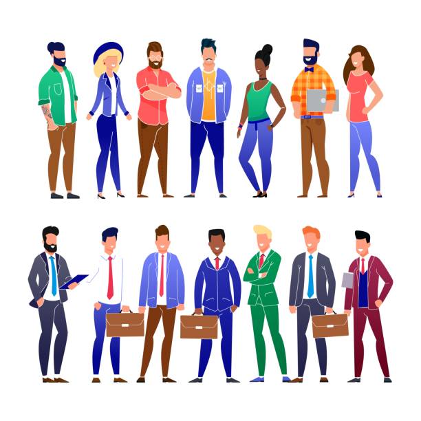 ilustraciones, imágenes clip art, dibujos animados e iconos de stock de conjunto de empresarios y personas de negocios de piso de moda - group of objects business human resources laptop