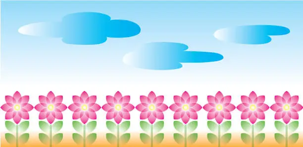 Vector illustration of Pink flowers and green leaves with bluesky background