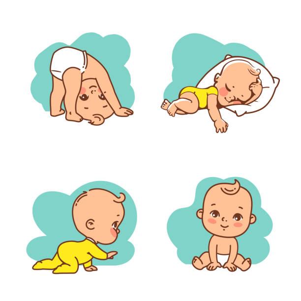 Cute little baby icon set. Collection of vector stickers of little baby boyar girl in diaper, pajamas. Child sleeping, sitting, crawling, stand on head. Emblem of kid health. Vector illustration. piccolo stock illustrations