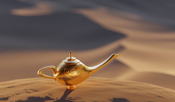 istock Magical Aladdin lamp with genie. Desert in background. 3D rendered illustration. 1162914415