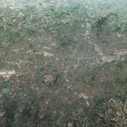 3D Render of a Topographic Map of the Greater London area, England, UK.\nAll source data is in the public domain.\nContains modified Copernicus Sentinel data (Feb 2019) courtesy of ESA. URL of source image: https://scihub.copernicus.eu/dhus/#/home.\nRelief texture SRTM data courtesy of NASA. URL of source image: https://search.earthdata.nasa.gov/search/granules/collection-details?p=C1000000240-LPDAAC_ECS&q=srtm%201%20arc&ok=srtm%201%20arc