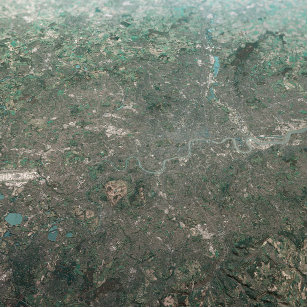 London England 3D Render Aerial Landscape View From South Feb 2019 3D Render of a Topographic Map of the Greater London area, England, UK.
All source data is in the public domain.
Contains modified Copernicus Sentinel data (Feb 2019) courtesy of ESA. URL of source image: https://scihub.copernicus.eu/dhus/#/home.
Relief texture SRTM data courtesy of NASA. URL of source image: https://search.earthdata.nasa.gov/search/granules/collection-details?p=C1000000240-LPDAAC_ECS&q=srtm%201%20arc&ok=srtm%201%20arc south east england stock pictures, royalty-free photos & images