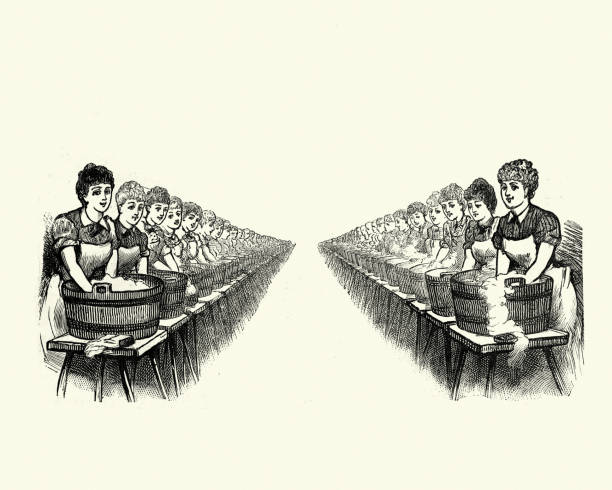 Vintage engraving of Lines of Victorian women washing laundry, 19th Century