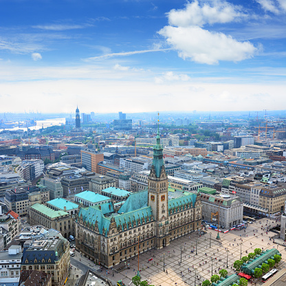 Aerial view of the Hamburg City Hall from St. Petri church tower, Germany. Composite photo
