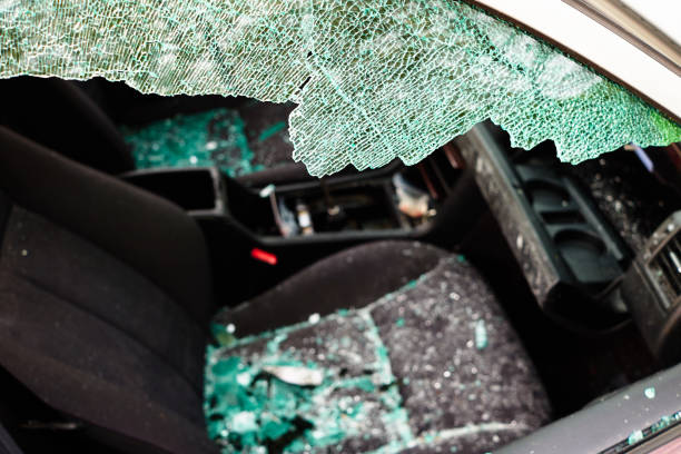 istock Car in which the disc was smashed and all interior parts were stolen with shards and broken disc 1162922775