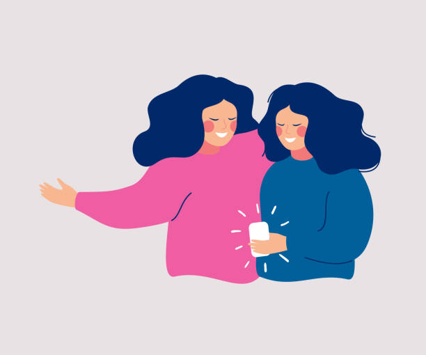 Young women embrace each other and hold smartphone Young women embrace each other and hold smartphone and texting, talking, listening to music, taking selfie. Flat vector concept of smartphone usability and refer a friend. girl texting on phone stock illustrations