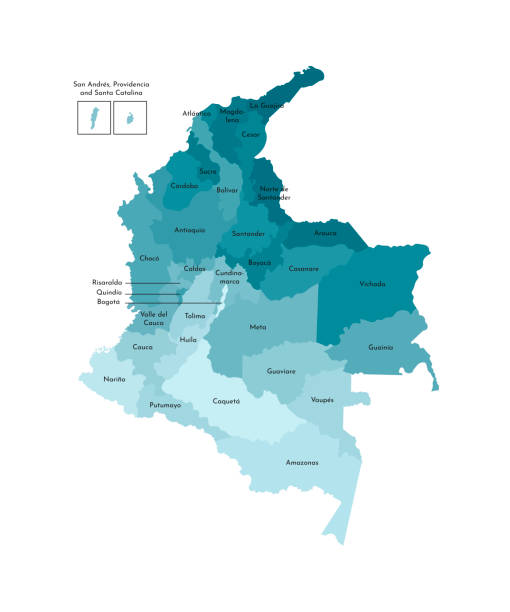 Vector isolated illustration of simplified administrative map of Colombia. Borders and names of the departments (regions). Colorful blue khaki silhouettes Vector isolated illustration of simplified administrative map of Colombia. Borders and names of the departments (regions). Colorful blue khaki silhouettes caqueta stock illustrations
