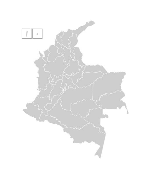 Vector isolated illustration of simplified administrative map of Colombia. Borders of the departments (regions). Grey silhouettes. White outline Vector isolated illustration of simplified administrative map of Colombia. Borders of the departments (regions). Grey silhouettes. White outline. caqueta stock illustrations