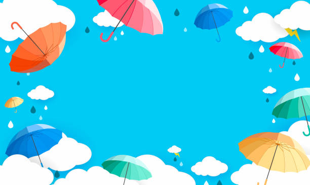 illustrazioni stock, clip art, cartoni animati e icone di tendenza di sfondo stagione delle piogge illustrazione vettoriale. ombrelli colorati sul cielo piovoso con spazio di copia - monsone