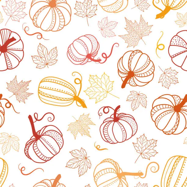 Vector illustration of Beautiful pumpkin halloween thanksgiving seamless pattern, cute catroon pumpkins hand drawn background, great for seasonal textile prints, holiday banners, backdrops or wallpapers - vector surface Veggies_pupmkin_detail_texture_seaml