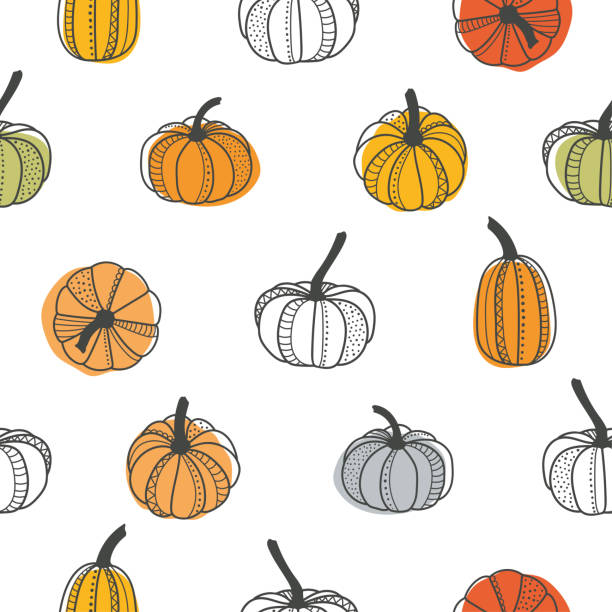 illustrazioni stock, clip art, cartoni animati e icone di tendenza di bellissimo motivo senza cuciture per il ringraziamento di halloween di zucca, grazioso sfondo disegnato a mano di zucche catroon, ottimo per stampe tessili stagionali, striscioni per le vacanze, sfondi o sfondi - superficie vettoriale - catroon