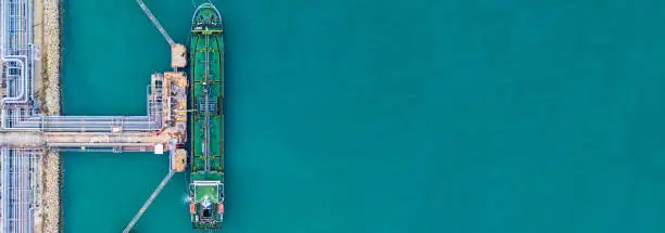 Aerial view tanker ship at the port, Import export business logistic and transportation by tanker ship with copy space.