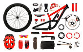 Set of bicycle accessories and equipment isolated