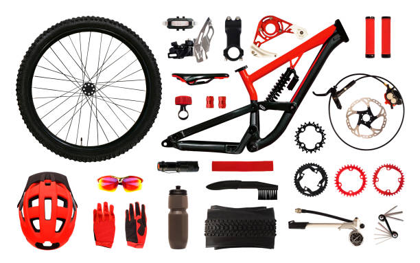 Set of bicycle accessories and equipment isolated Set of bicycle accessories and equipment isolated on white background. Flat lay of bike parts and instruments crank mechanism photos stock pictures, royalty-free photos & images
