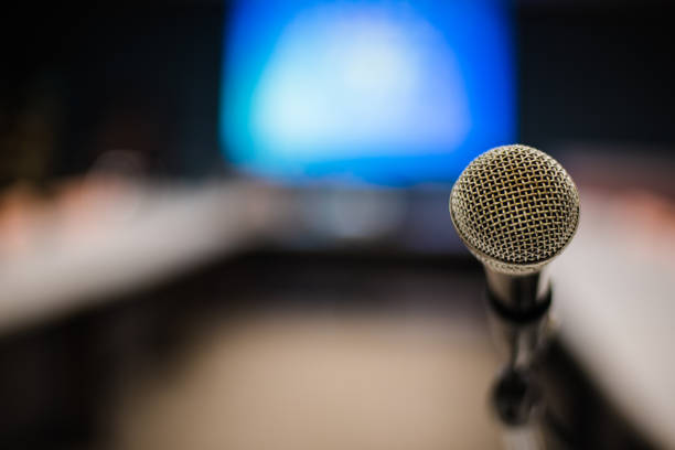 istock Mic and bokeh background, Seminar background, Meeting background. 1162928110