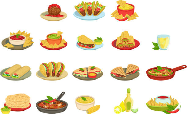 illustrations, cliparts, dessins animés et icônes de ensemble d'illustration de plats de signature de nourriture mexicaine - cheese sauce cheese tortilla chip nachos