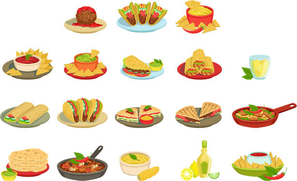 illustrazioni stock, clip art, cartoni animati e icone di tendenza di set di illustrazioni di piatti messicani - taco chips