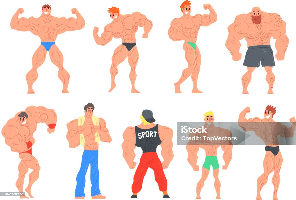Humorous Body Build Muscly Bodybuilders Funny Characters Set Stock Illustration - Download ...