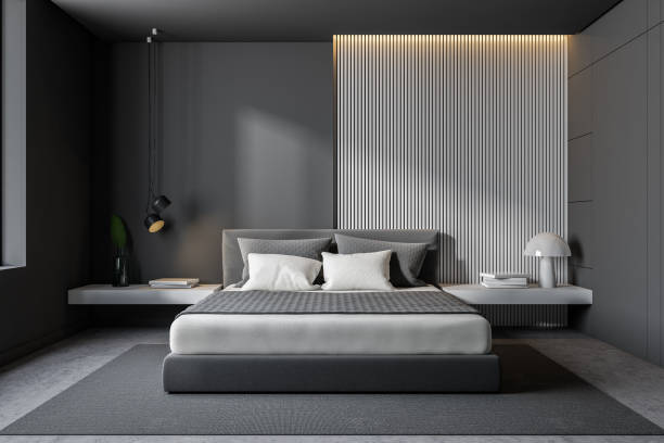 istock Gray and wooden bedroom interior 1162930297