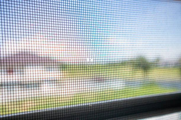 pantalla de alambre de mosquitera dañada en la protección de la ventana de la casa contra los insectos - biombo fotografías e imágenes de stock