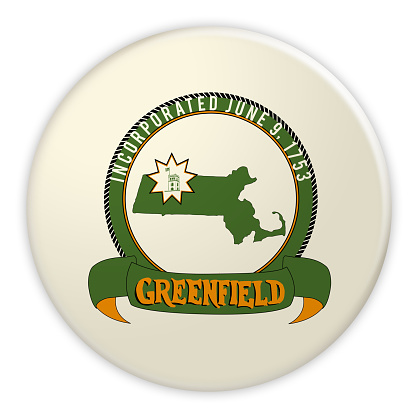 US City Button: Greenfield Flag Badge, 3d illustration on white background