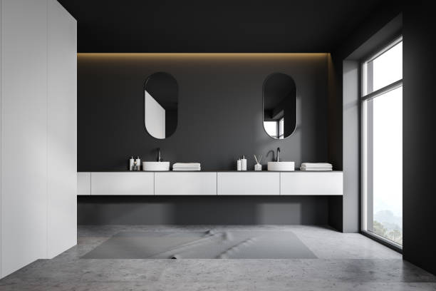 istock White and gray bathroom interior, double sink 1162931518