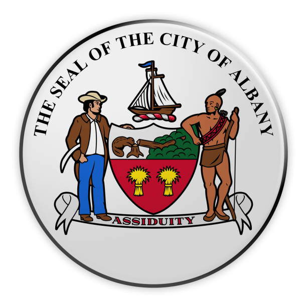 US City Button: Albany, New York, Seal Badge, 3d illustration on white background
