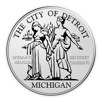 US City Button: Detroit, Michigan, Seal Badge, 3d illustration on white background