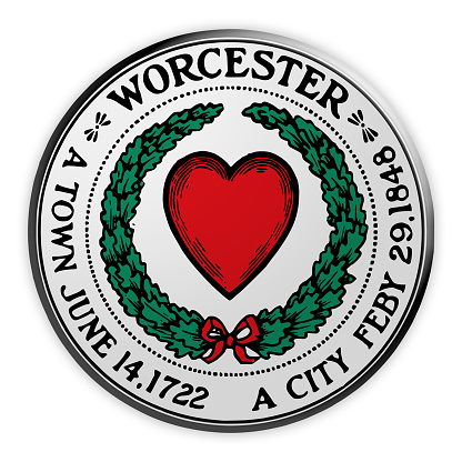 US City Button: Worcester, Massachusetts, Seal Badge, 3d illustration on white background