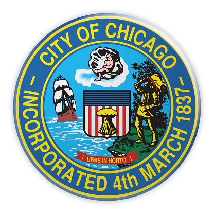 US City Button: Chicago, Illinois, Seal Badge, 3d illustration on white background