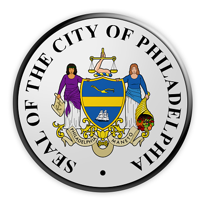 US City Button: Philadelphia, Pennsylvania, Seal Badge, 3d illustration on white background