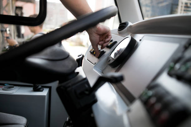 istock Seat and steering wheel. Bus driver 1162934216