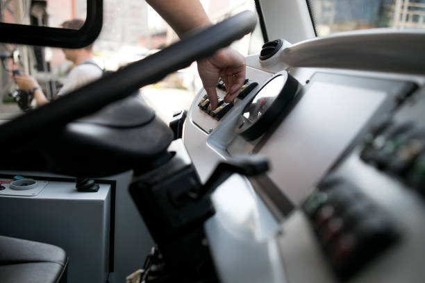 istock Seat and steering wheel. Bus driver 1162934219