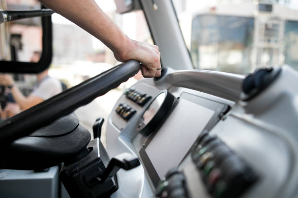 istock Seat and steering wheel. Bus driver 1162934233
